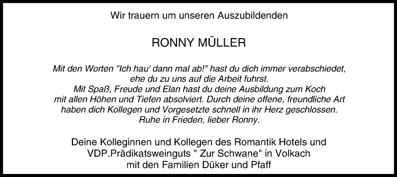  Traueranzeige für Ronny Müller vom 06.11.2014 aus MGO