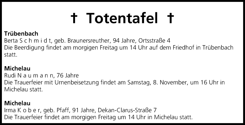  Traueranzeige für Totentafel vom 06.11.2104 vom 06.11.2014 aus MGO