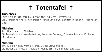 Anzeige von Totentafel vom 06.11.2104 von MGO