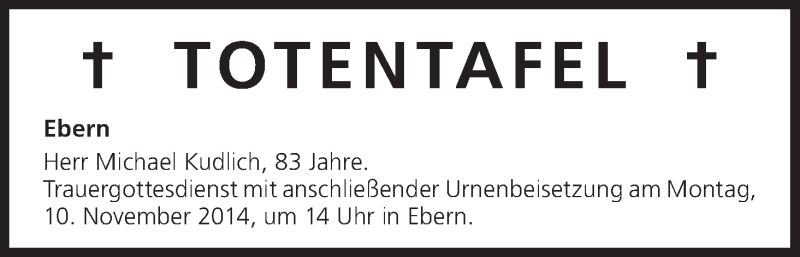  Traueranzeige für Totentafel vom 07.11.2014 vom 07.11.2014 aus MGO