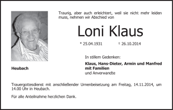 Anzeige von Loni Klaus von MGO