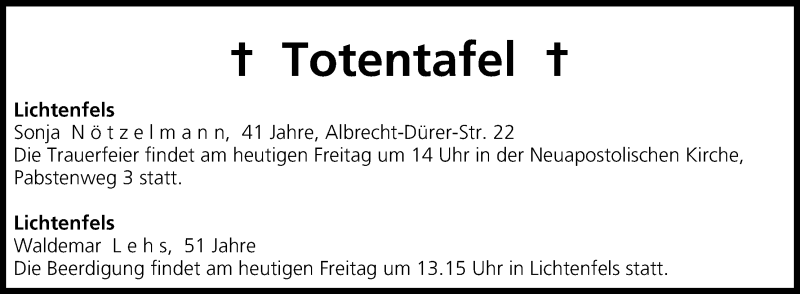  Traueranzeige für Totentafel vom 07.11.2014 vom 07.11.2014 aus MGO