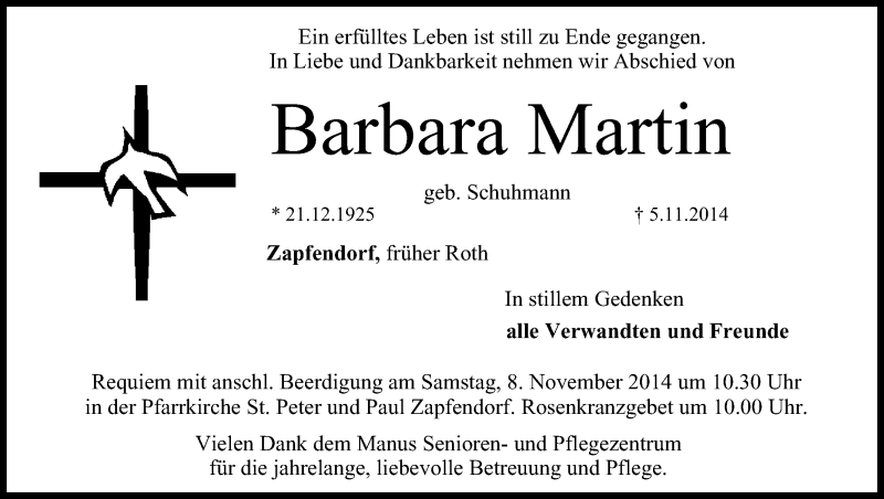  Traueranzeige für Barbara Martin vom 07.11.2014 aus MGO
