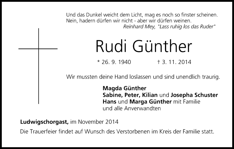  Traueranzeige für Rudi Günther vom 08.11.2014 aus MGO