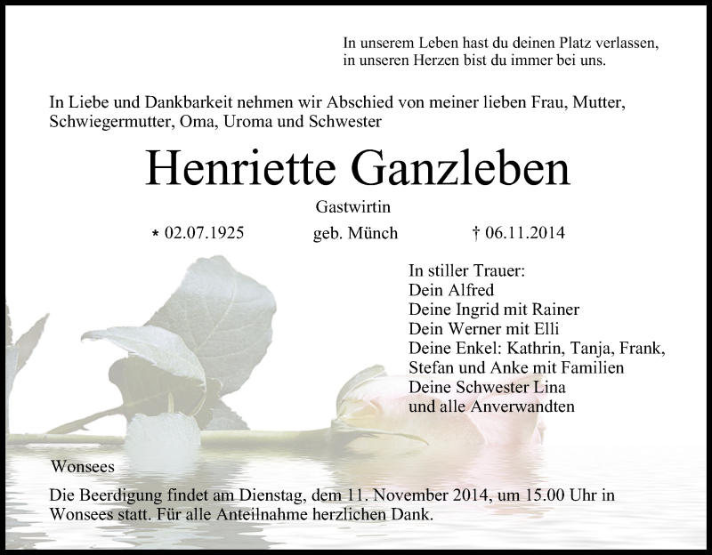  Traueranzeige für Henriette Ganzleben vom 08.11.2014 aus MGO