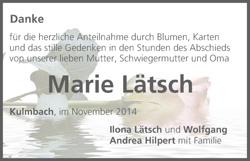  Traueranzeige für Marie Lätsch vom 08.11.2014 aus MGO
