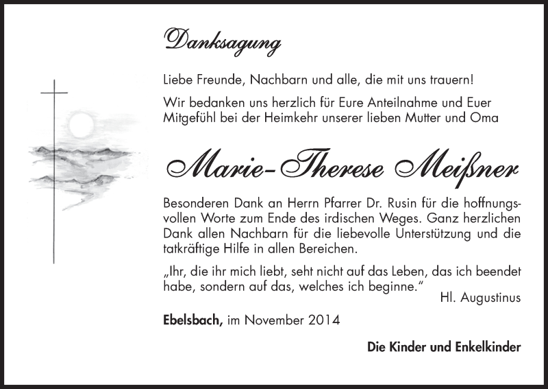  Traueranzeige für Marie-Therese Meißner vom 08.11.2014 aus MGO