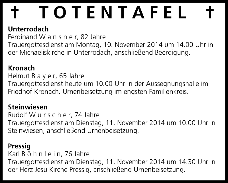  Traueranzeige für Totentafel vom 08.11.2014 vom 08.11.2014 aus MGO