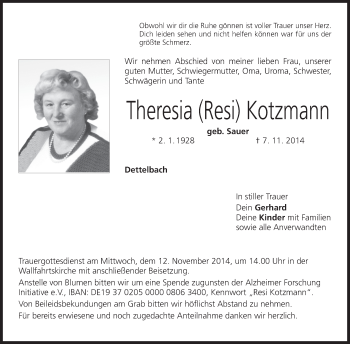 Anzeige von Theresia Resi Kotzmann von MGO