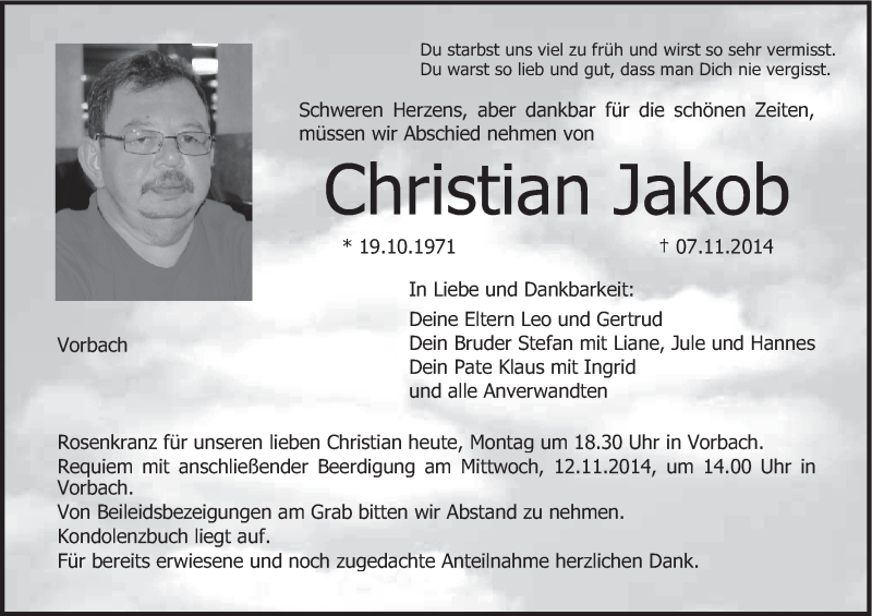 Traueranzeige für Christian Jakob vom 10.11.2014 aus MGO