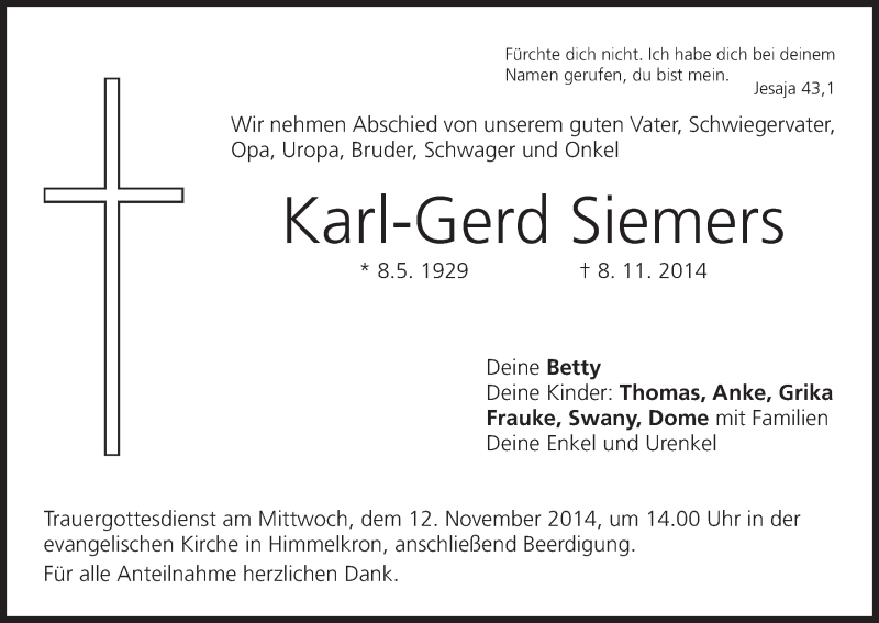  Traueranzeige für Karl-Gerd Siemers vom 10.11.2014 aus MGO