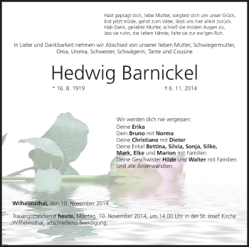 Anzeige von Hedwig Barnickel von MGO