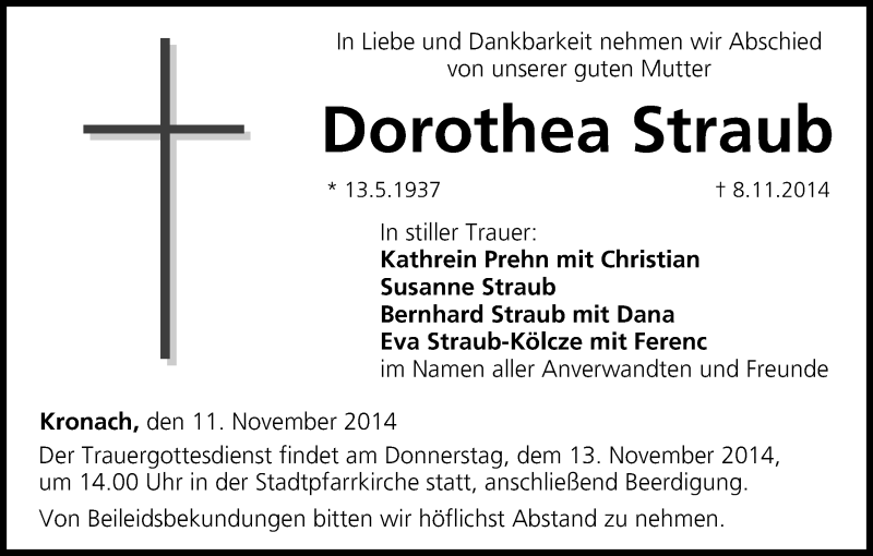  Traueranzeige für Dorothea Straub vom 11.11.2014 aus MGO