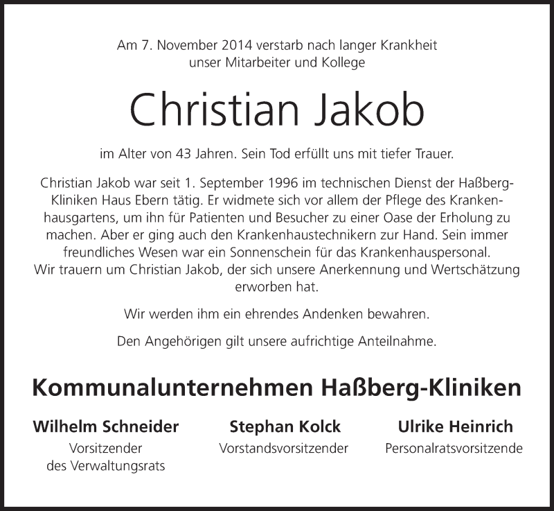  Traueranzeige für Christian Jakob vom 12.11.2014 aus MGO