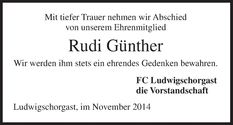  Traueranzeige für Rudi Günther vom 15.11.2014 aus MGO
