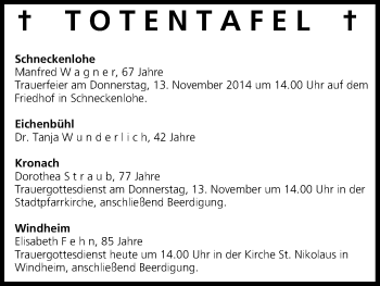Anzeige von Totentafel vom 12.11.2014 von MGO