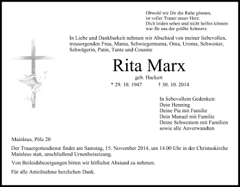 Anzeige von Rita Marx von MGO