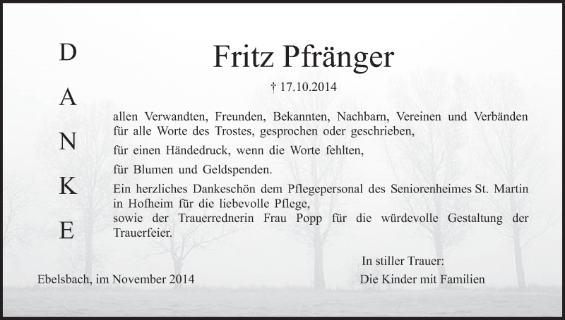 Traueranzeige für Fritz Pfränger vom 15.11.2014 aus MGO