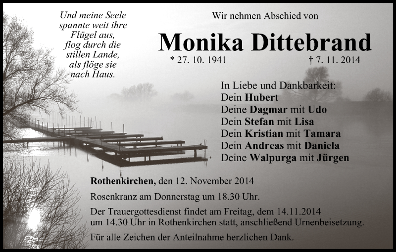  Traueranzeige für Monika Dittebrand vom 12.11.2014 aus MGO