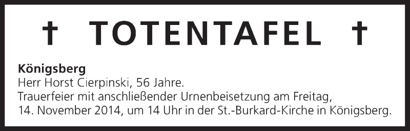  Traueranzeige für Totentafel vom 13.11.2014 vom 13.11.2014 aus MGO