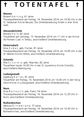 Anzeige von Totentafel vom 13.11.2014 von MGO