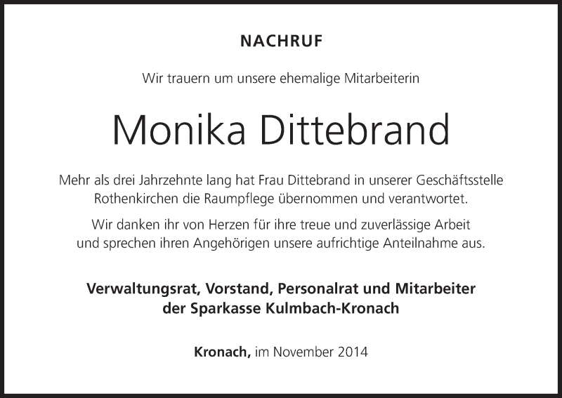  Traueranzeige für Monika Dittebrand vom 14.11.2014 aus MGO