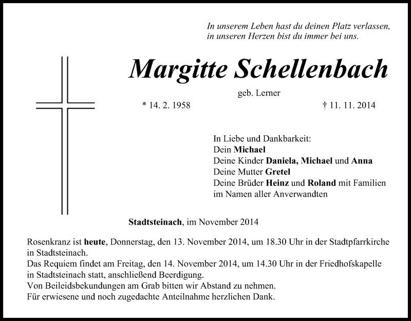  Traueranzeige für Margitte Schellenbach vom 13.11.2014 aus MGO