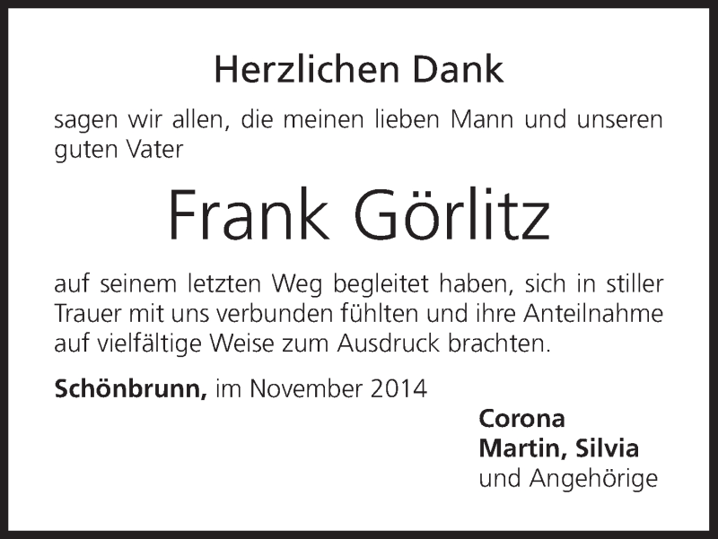  Traueranzeige für Frank Görlitz vom 15.11.2014 aus MGO