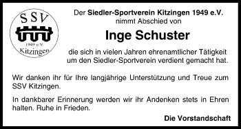 Anzeige von Inge Schuster von MGO