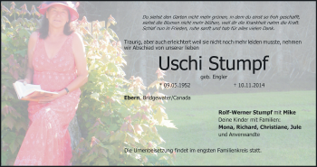 Anzeige von Uschi Stumpf von MGO