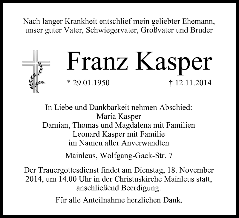  Traueranzeige für Franz Kasper vom 15.11.2014 aus MGO