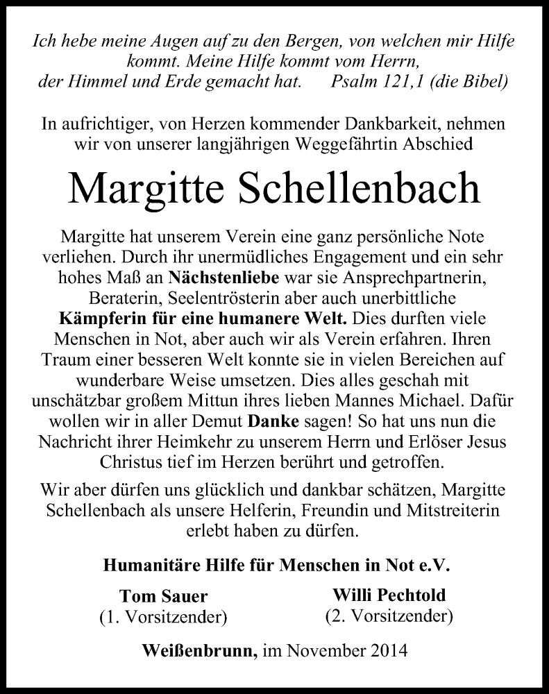  Traueranzeige für Margitte Schellenbach vom 15.11.2014 aus MGO