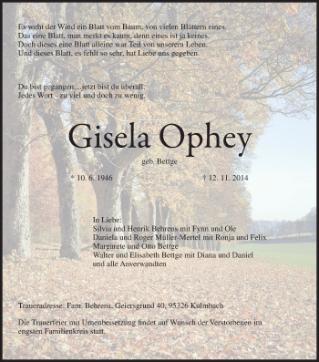 Anzeige von Gisela Ophey von MGO