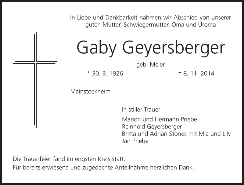  Traueranzeige für Gaby Geyersberger vom 15.11.2014 aus MGO