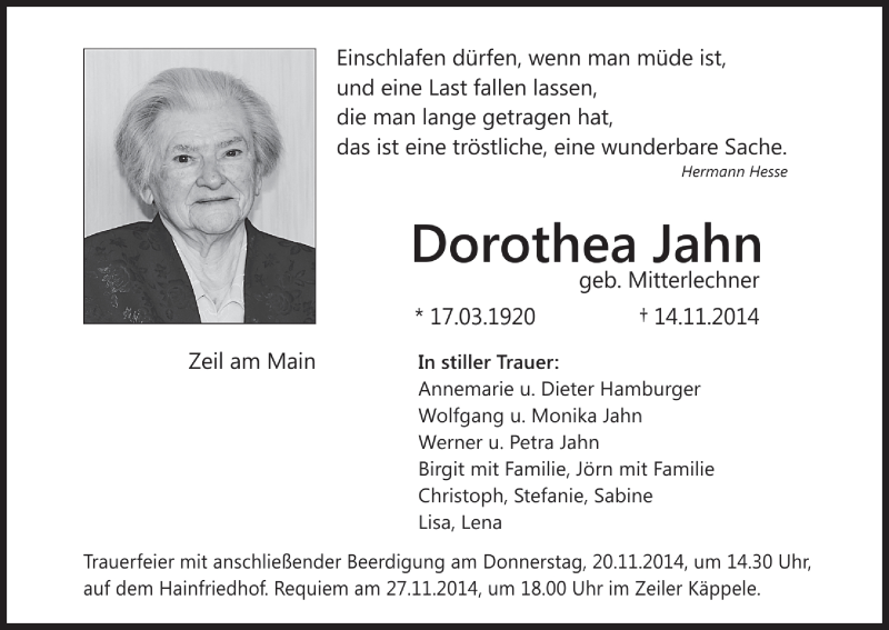  Traueranzeige für Dorothea Jahn vom 17.11.2014 aus MGO