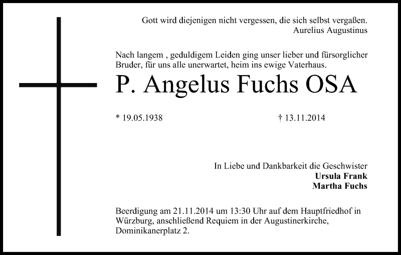  Traueranzeige für Angelus Fuchs vom 18.11.2014 aus MGO