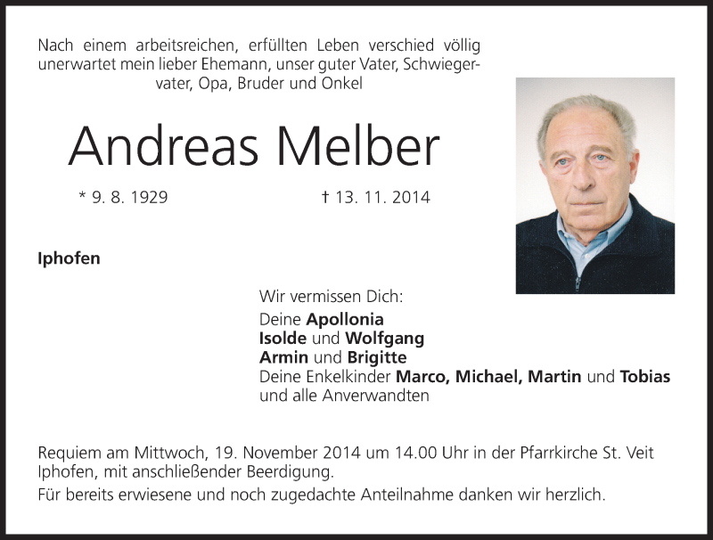  Traueranzeige für Andreas Melber vom 18.11.2014 aus MGO