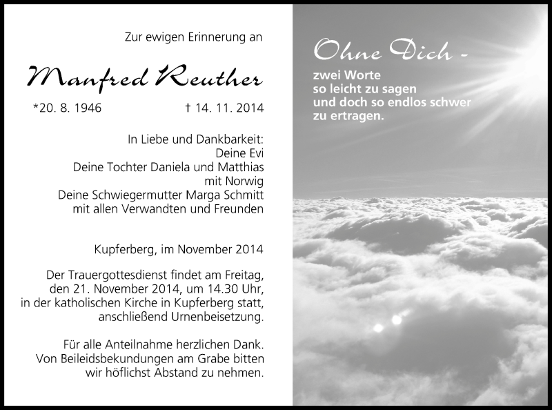  Traueranzeige für Manfred Reuther vom 19.11.2014 aus MGO