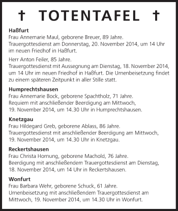 Anzeige von Totentafel vom 18.11.2014 von MGO