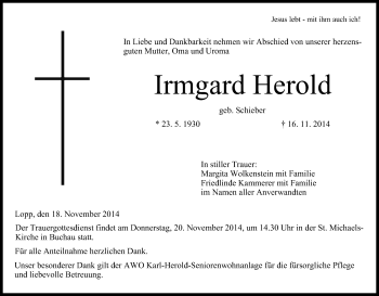 Anzeige von Irmgard Herold von MGO