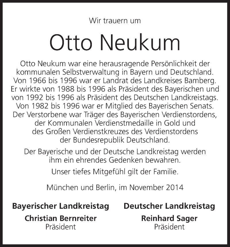  Traueranzeige für Otto Neukum vom 18.11.2014 aus MGO