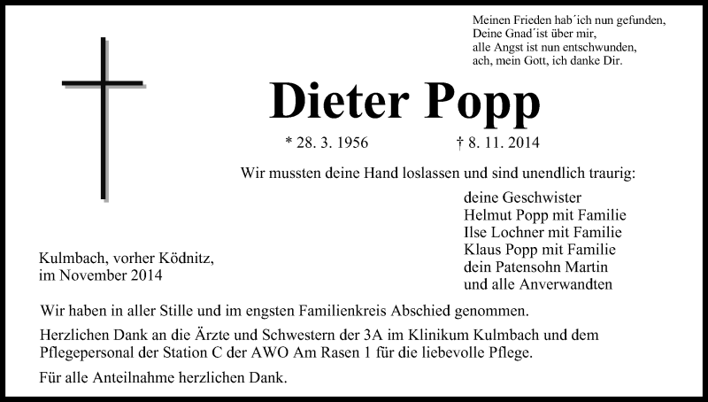  Traueranzeige für Dieter Popp vom 24.11.2014 aus MGO