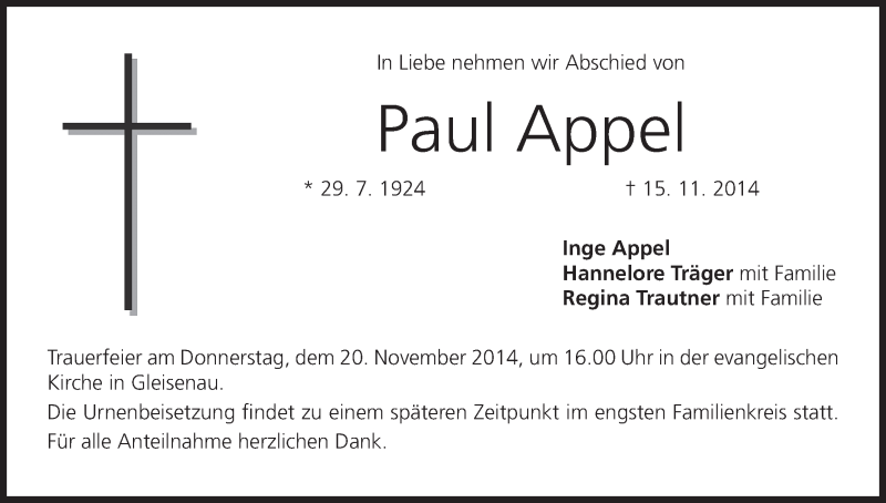  Traueranzeige für Paul Appel vom 18.11.2014 aus MGO
