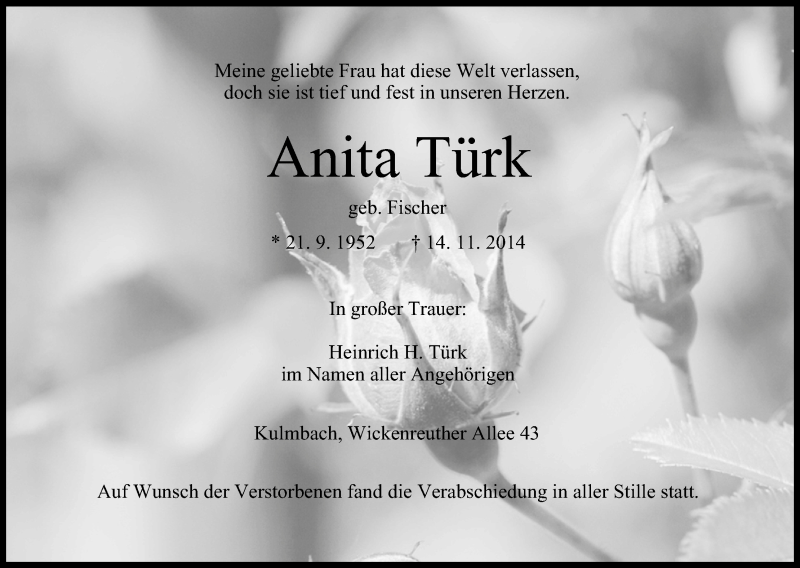  Traueranzeige für Anita Türk vom 18.11.2014 aus MGO