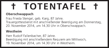 Anzeige von Totentafel vom 19.11.2014 von MGO
