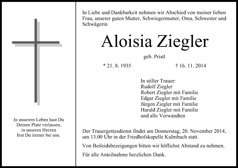  Traueranzeige für Aloisia Ziegler vom 19.11.2014 aus MGO
