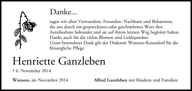  Traueranzeige für Henriette Ganzleben vom 22.11.2014 aus MGO