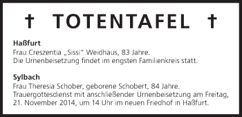 Anzeige von Totentafel vom 20.11.2014 von MGO