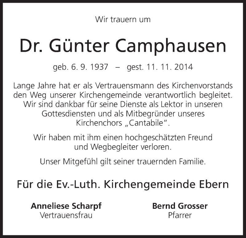  Traueranzeige für Günter Camphausen vom 20.11.2014 aus MGO