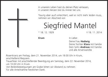 Anzeige von Siegfried Mantel von MGO